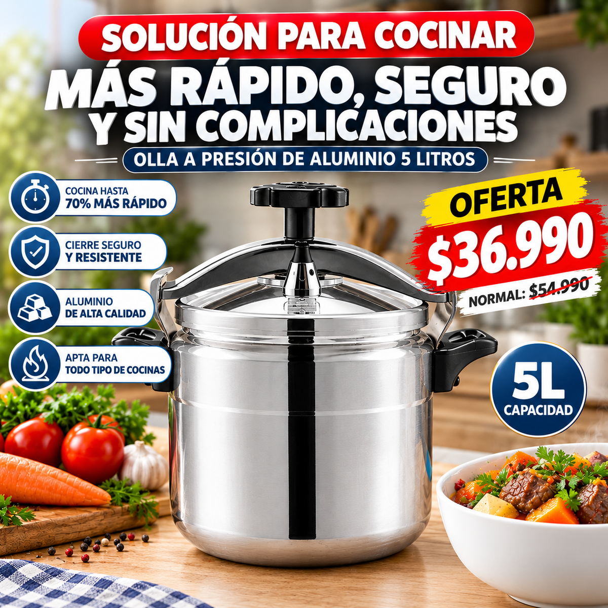 🍲 OLLA A PRESIÓN DE ALUMINIO 5 LITROS  COCINA MÁS RÁPIDO