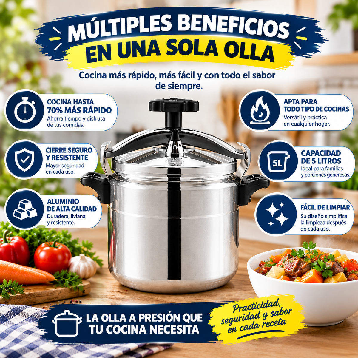 🍲 OLLA A PRESIÓN DE ALUMINIO 5 LITROS  COCINA MÁS RÁPIDO