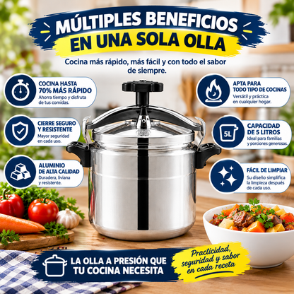🍲 OLLA A PRESIÓN DE ALUMINIO 5 LITROS  COCINA MÁS RÁPIDO