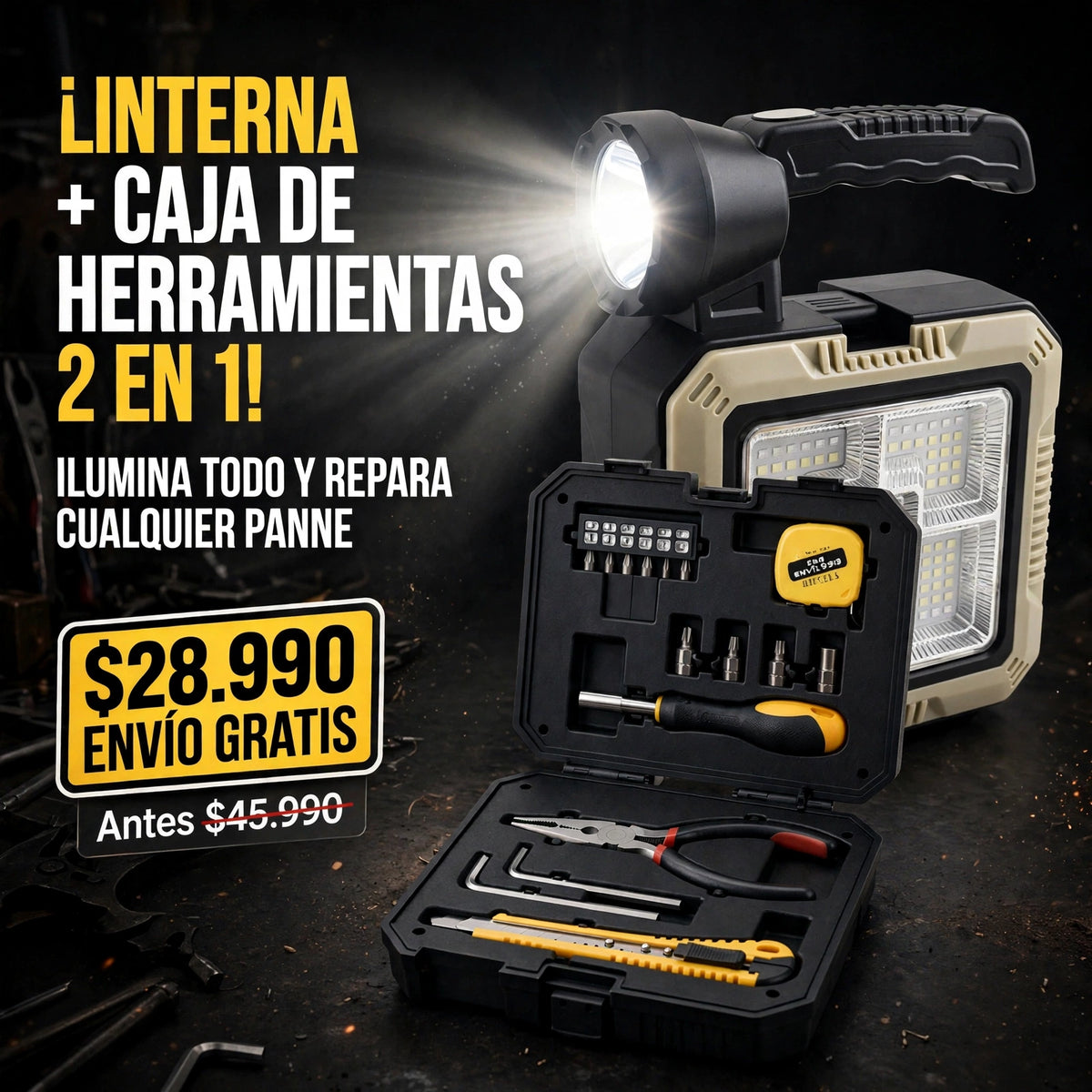 LINTERNA CARGA SOLAR KIT HERRAMIENTAS
